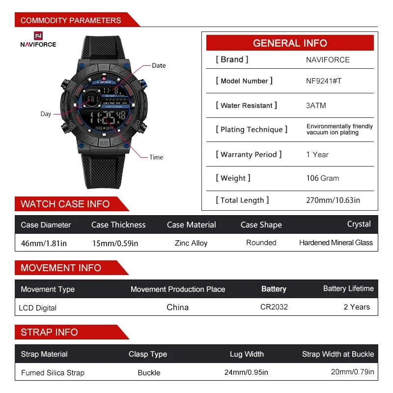 NAVIFORCE 新しい液晶デジタルスポーツ腕時計男性用フ - Watch Display Pillow のレビューと価格